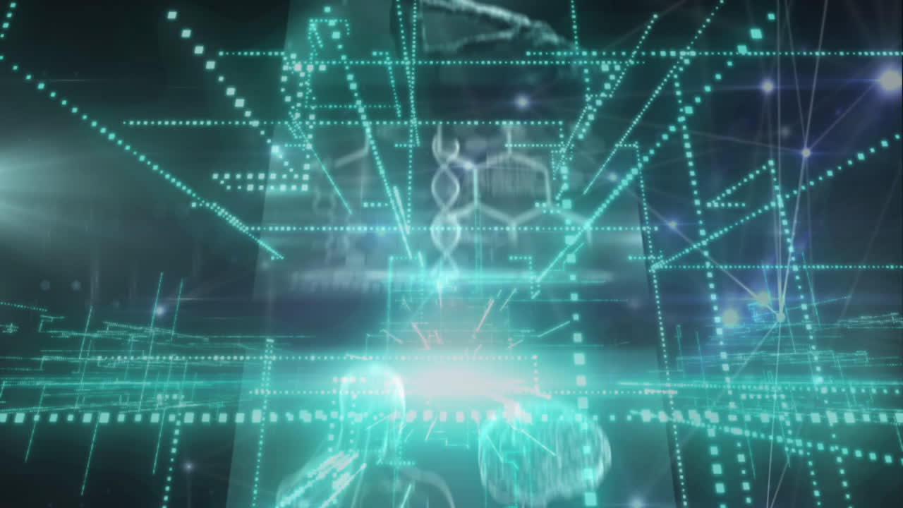 Animation of green light trails over screens with medical data processing on black background