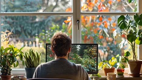 work from home setup with indoor plants and window view