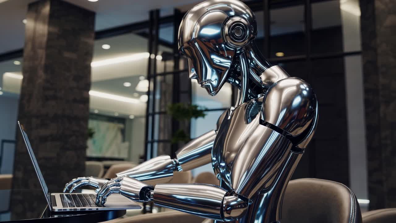 A futuristic robot working on a laptop in a modern office. The robot, with a sleek metallic design