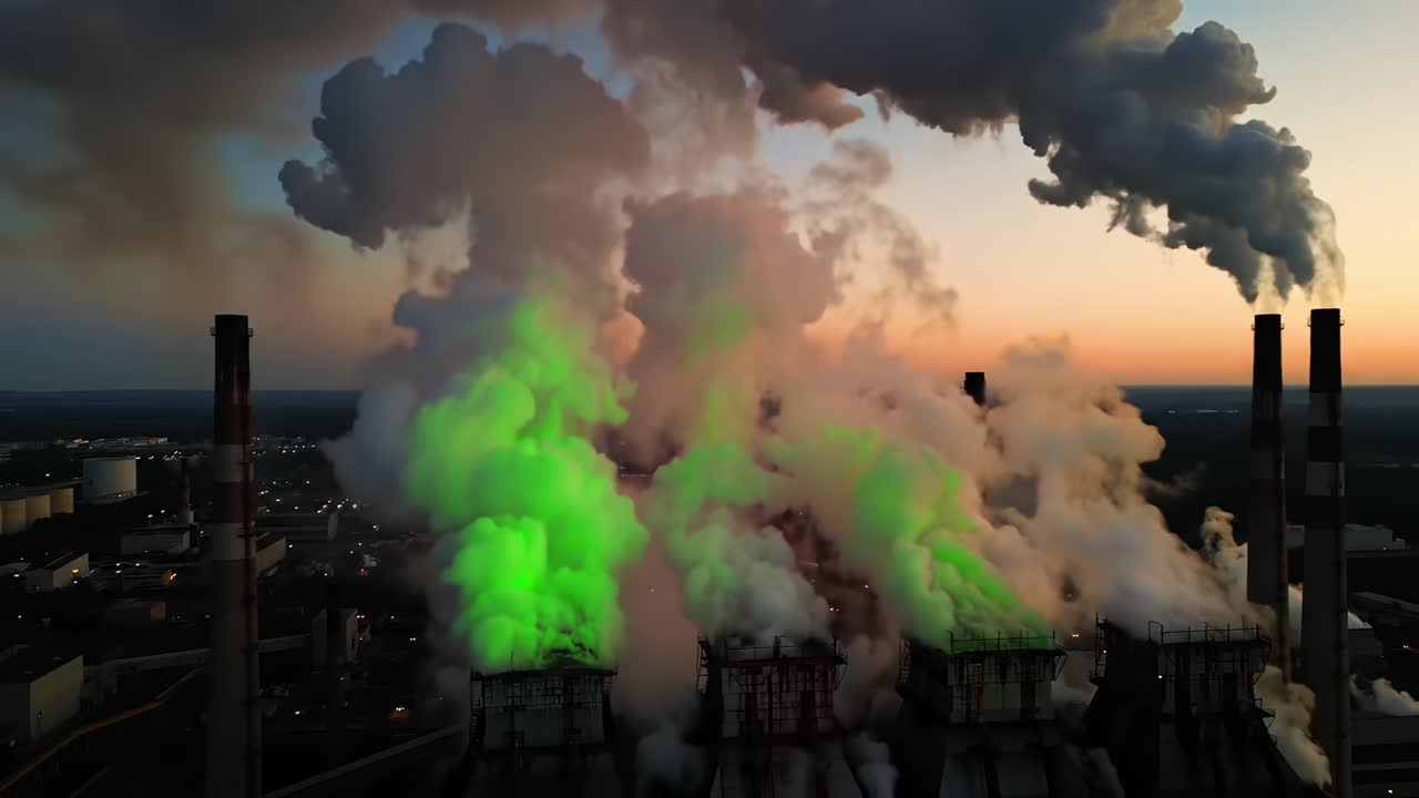 Aerial View of Industrial Smokestacks Emitting Colorful Vapor Against a Dusk Sky: Contrasting Natural Beauty and Industrial Pollution