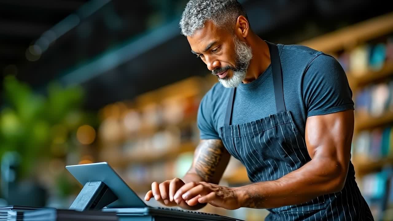 A man in an apron using a tablet computer in a grocery store