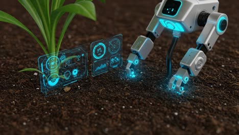 A Futuristic Agricultural Robot Analyzing Soil Health and Plant Growth with Advanced Data Metrics and Probing Tools in a Lush Green Environment