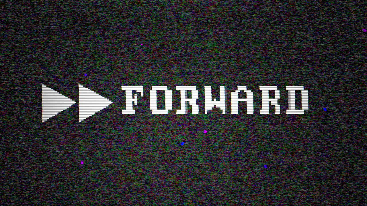 Vintage monitor displays "forward" icon flickering on VHS video screen