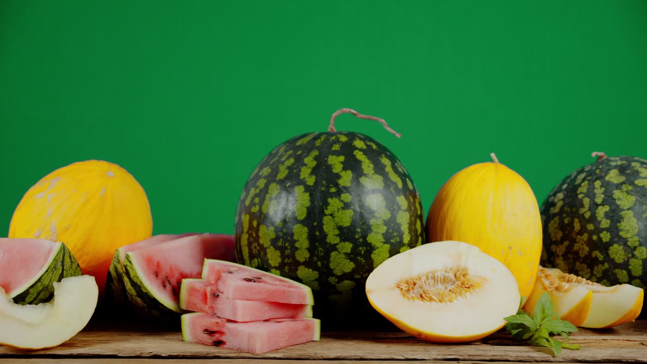 melones en rodajas y enteros y sandías.