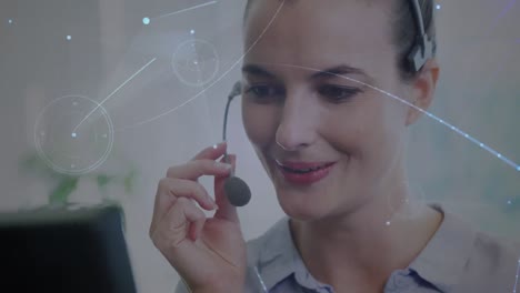 Animation-of-network-of-connections-over-businesswoman-wearing-phone-headset