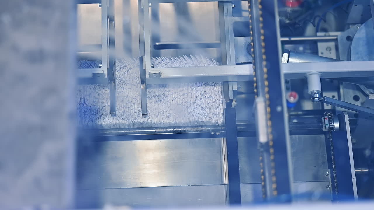 Mechanism for the formation of diaper pack. The final stages of diaper manufacturing at the factory. View from above.