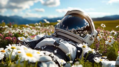 a man in a space suit laying in a field of flowers