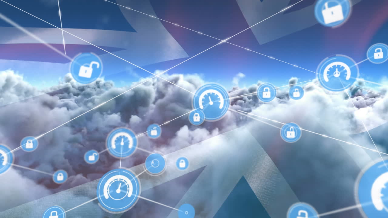 영국  ⁇ 발과 구름 위의 아이콘 연결 네트워크의 애니메이션