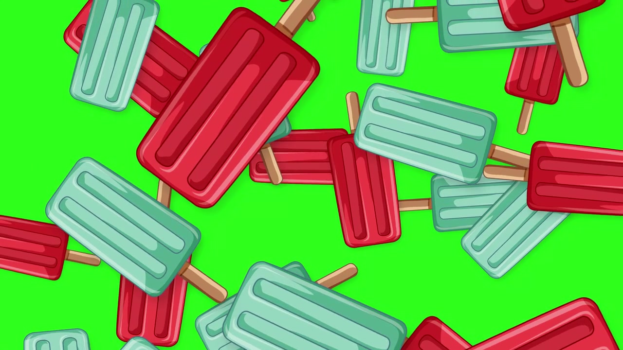 Ghiaccioli animati rossi e blu che cadono su uno sfondo verde brillante (green screen) per un facile compositing