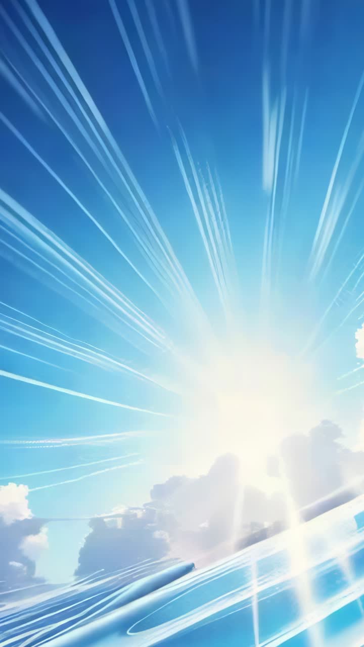 Vertical video: Bursting sunburst at horizon radiating rays across blue sky, backlighting clouds