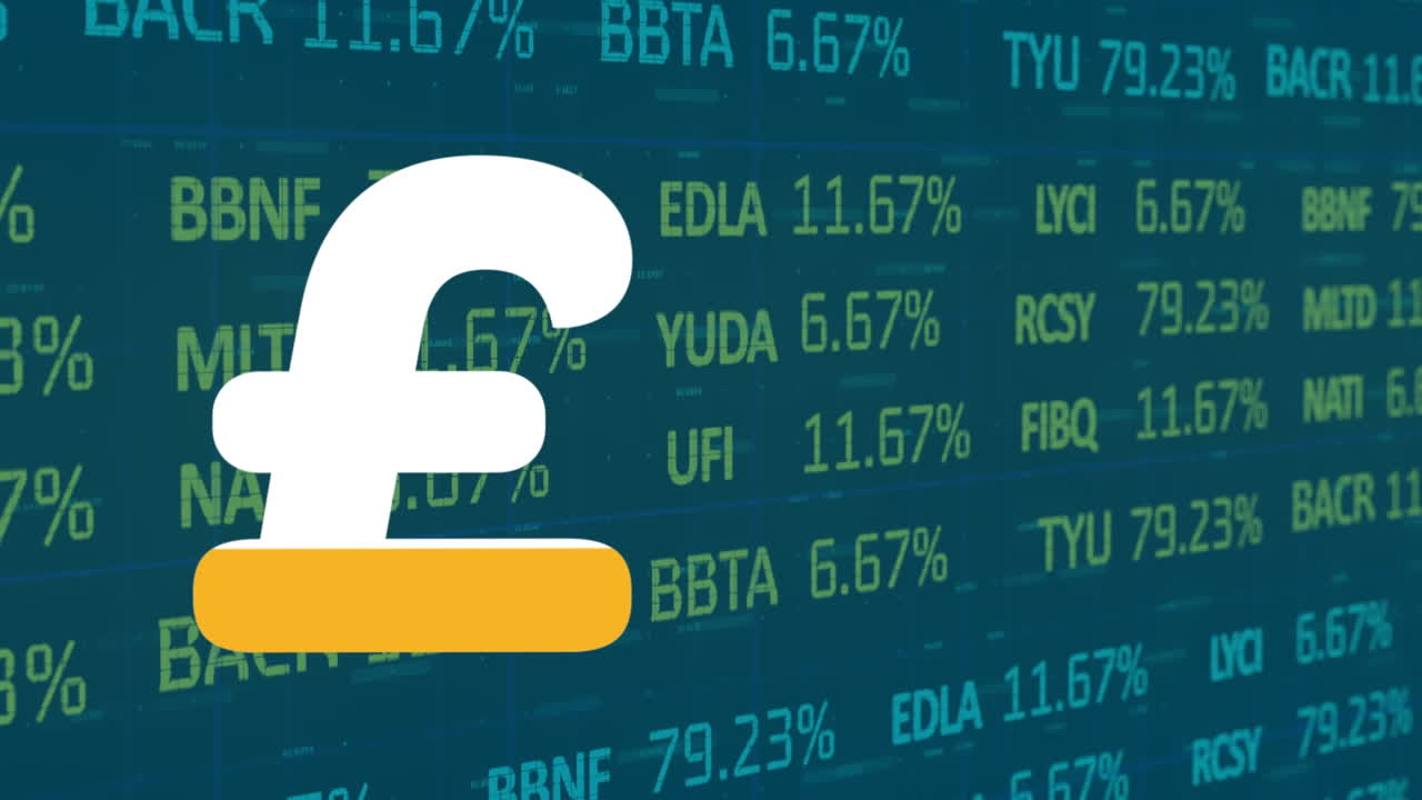 영국 파운드 기호의 애니메이션과 금융 데이터 처리