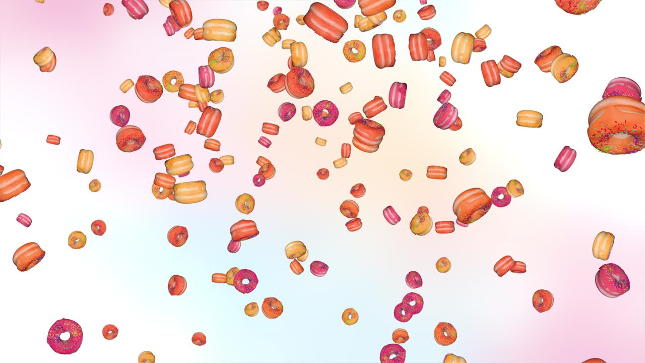 S of delicious donuts rotating on pink dessert snack food calories sweet tasty colorful bakery cake