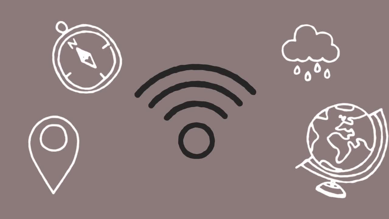 animación de iconos digitales flotando sobre un fondo beige