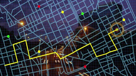 navigation map line scheme against aerial view of night city traffic