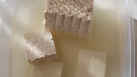 tofu cubes in liquid, soft texture, natural light, fresh and simple kitchen vibe