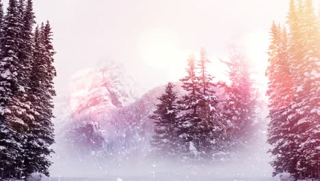 Digital-animation-of-spots-of-light-against-snow-falling-on-winter-landscape-with-trees-and-mountain