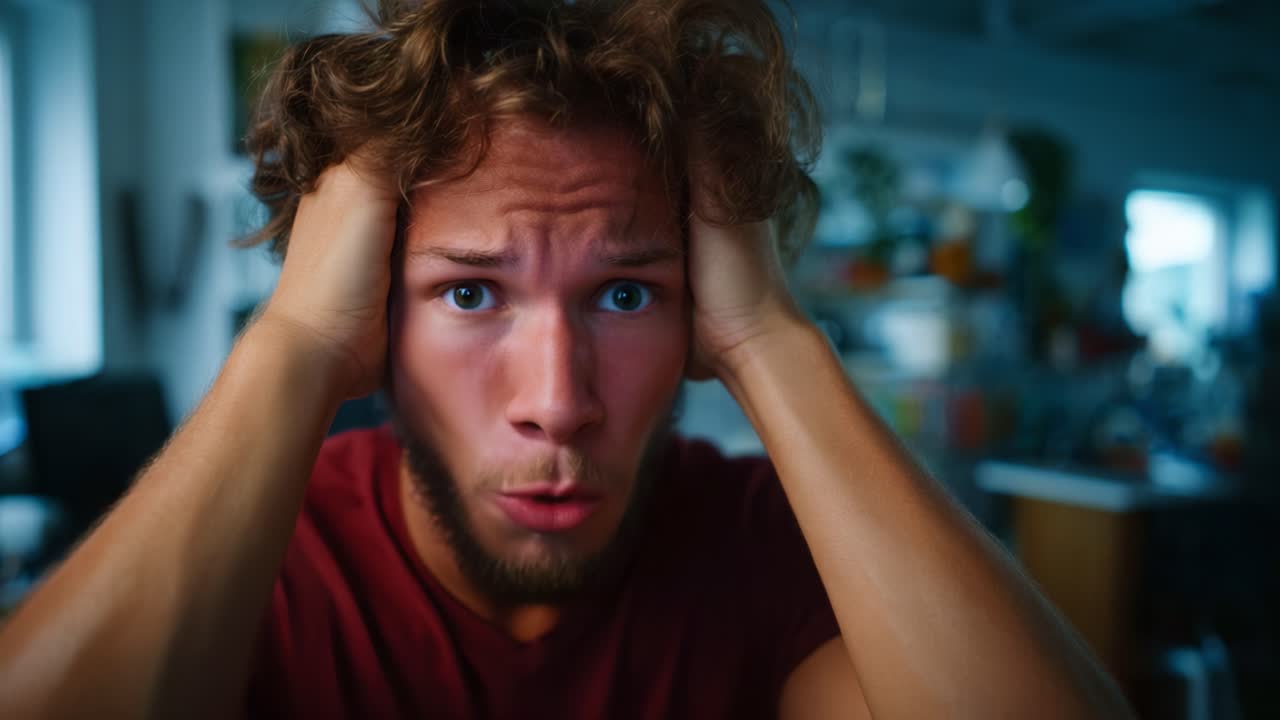 A young man expresses intense frustration and anxiety, clutching his head in distress, showcasing an overwhelmed reaction to an unseen challenge or situation