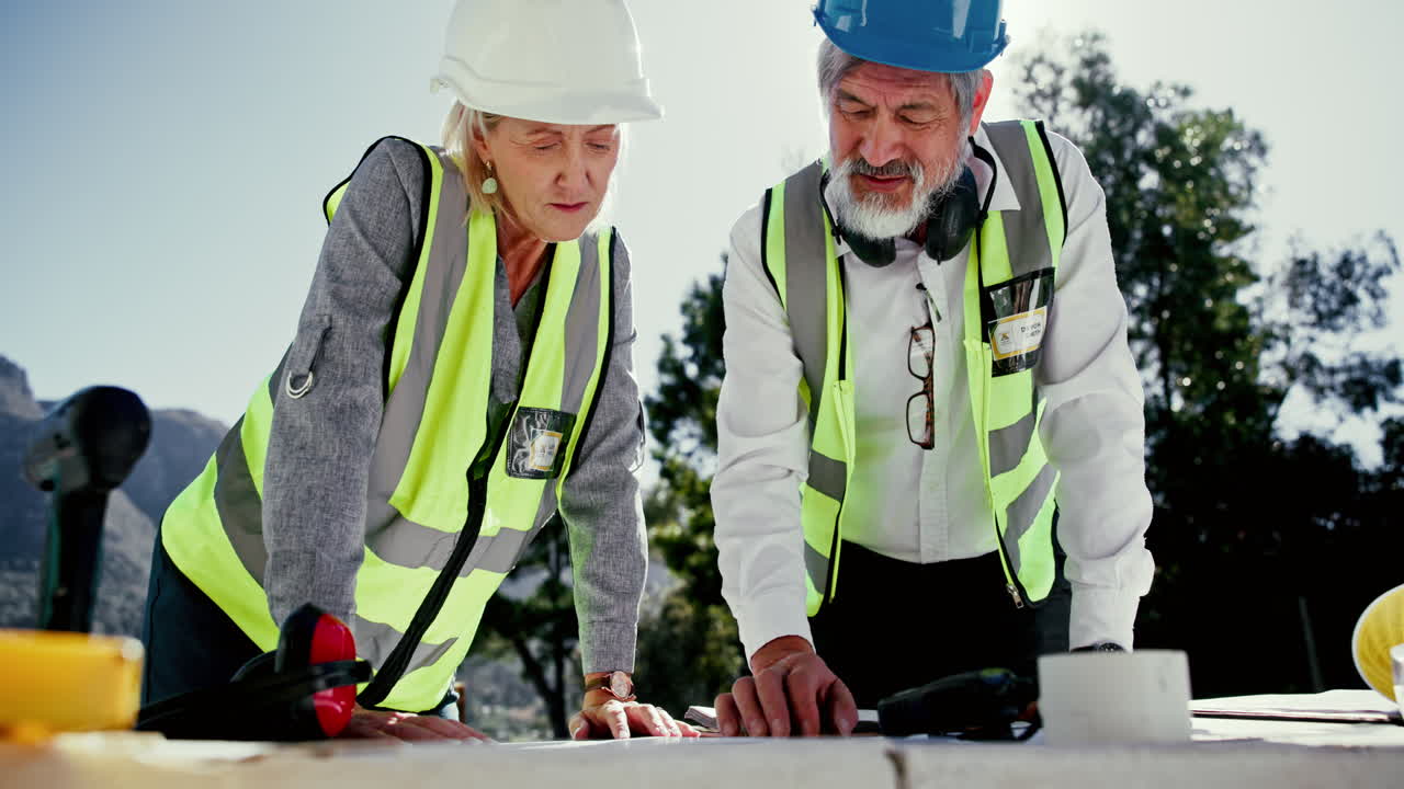 Construction Workers Reviewing Blueprints on Site