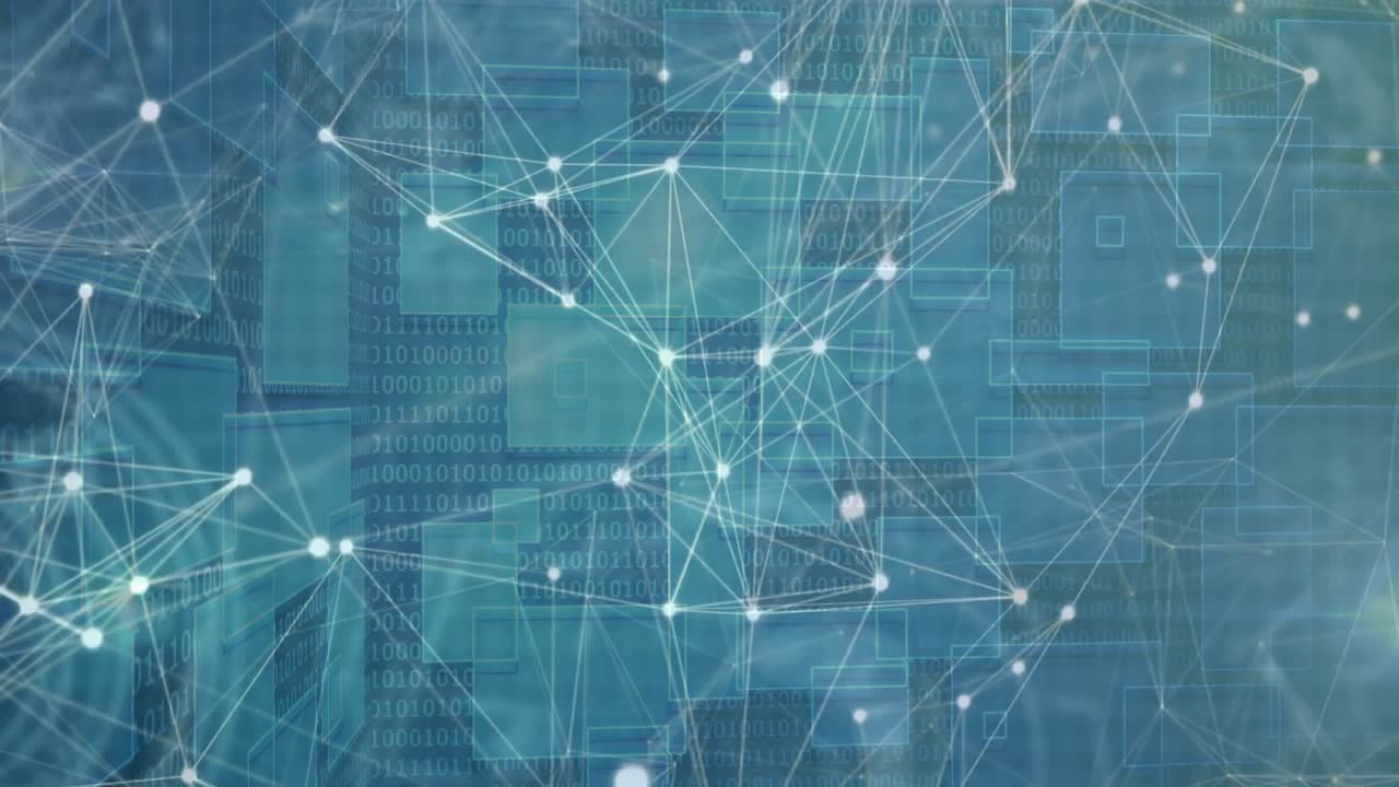 Opening binary grid initiating glowing nodes emerging and expanding into digital network display