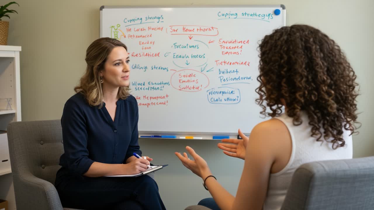 Engaging Dialogue Between Two Individuals During a Brainstorming Session on Coping Strategies and Personal Development Insights in a Supportive Environment