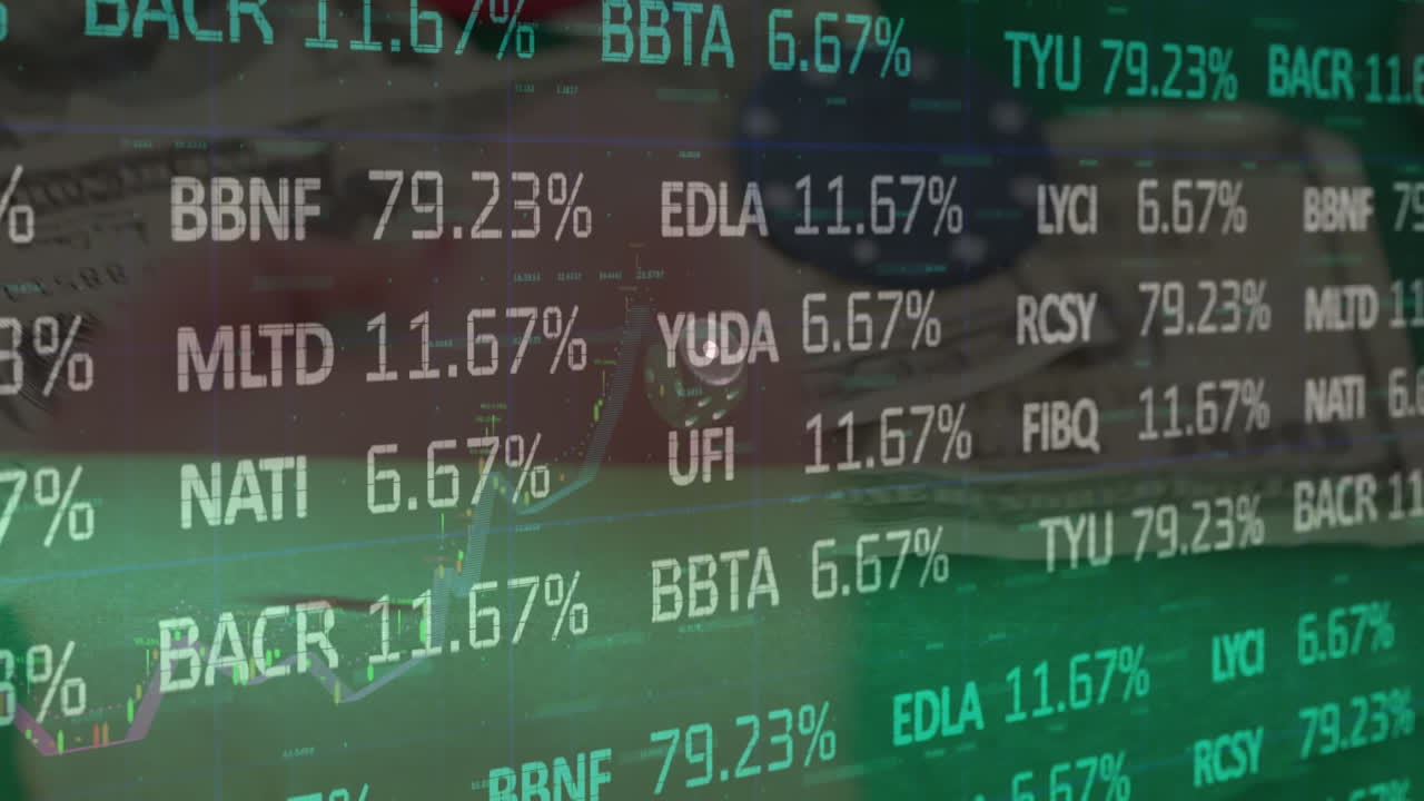 Animation of financial data processing over two dice and american dollar bills on green background