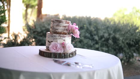 smooth shot of a beautiful and delicious looking wedding cake sitting on a table during a wedding event