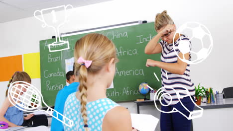 teacher instructing students in classroom with sports equipment animation over scene