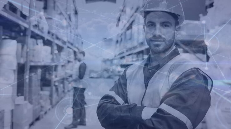 Warehouse Composition of Man in the warehouse combined with animation of connection