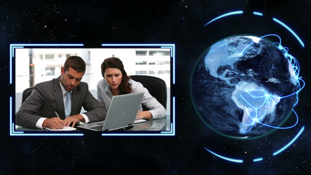 rotación digital de la tierra y videos de negocios con imágenes de la nasa.