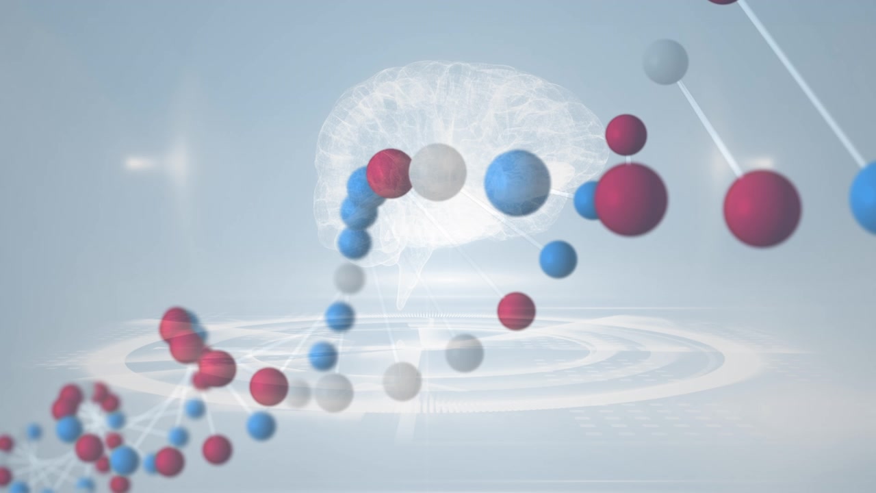 Animation af DNA, hjerne og diverse data over en grå baggrund.