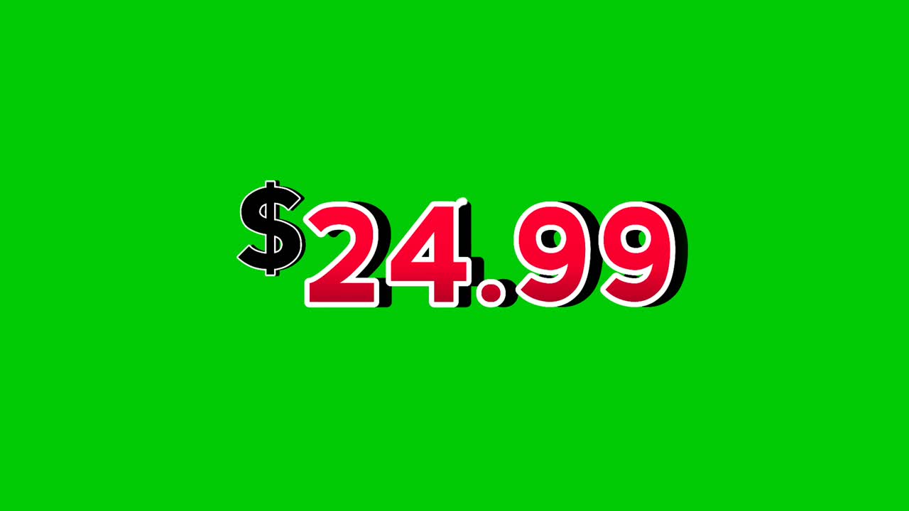Dollars price tag $24.99 animation motion graphics in bold red numbers on green screen background with smoke effects.dollar symbol is displayed prominently perfect promotions, ads, banners, marketing