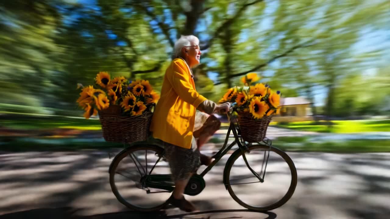 An elderly woman rides her bicycle through a vibrant park, joyfully surrounded by baskets overflowing with bright sunflowers, showcasing a lively and colorful spring day filled with happiness
