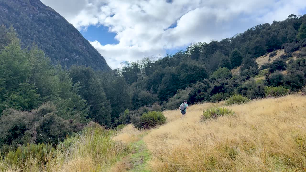 Persona che cammina attraverso l'erba alta su un sentiero panoramico di montagna sotto la luce naturale del giorno, camera a mano