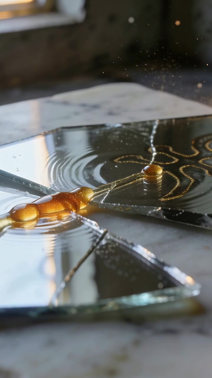 Vertical video: Surface tension pulling amber beads along broken mirror on marble top, rippling