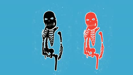 Gruselige-Schwarze-Und-Rote-Totenköpfe,-Halloween-Konzept,-Symbolanimation,-Dropdown-Bewegungsgrafiken-Auf-Blauen-Hintergrundvideoelementen