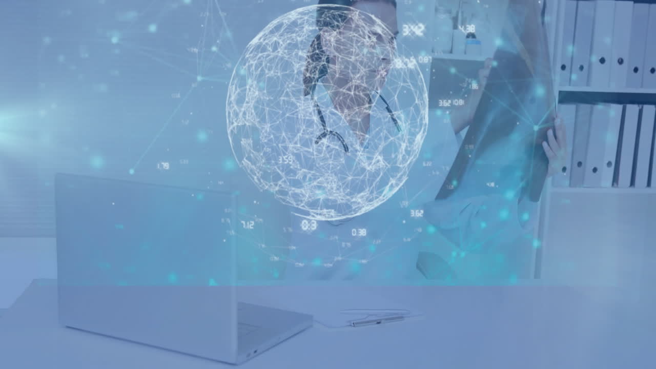 Female doctor wearing stethoscope examining X-ray film in clinic, laptop projecting digital globe