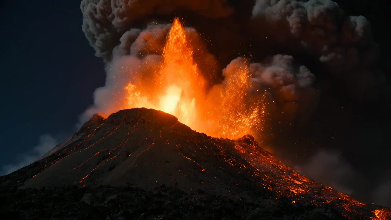 Cono vulcanico in eruzione dopo un'esplosione iniziale di notte, che emette una fontana di lava e una colonna di cenere.