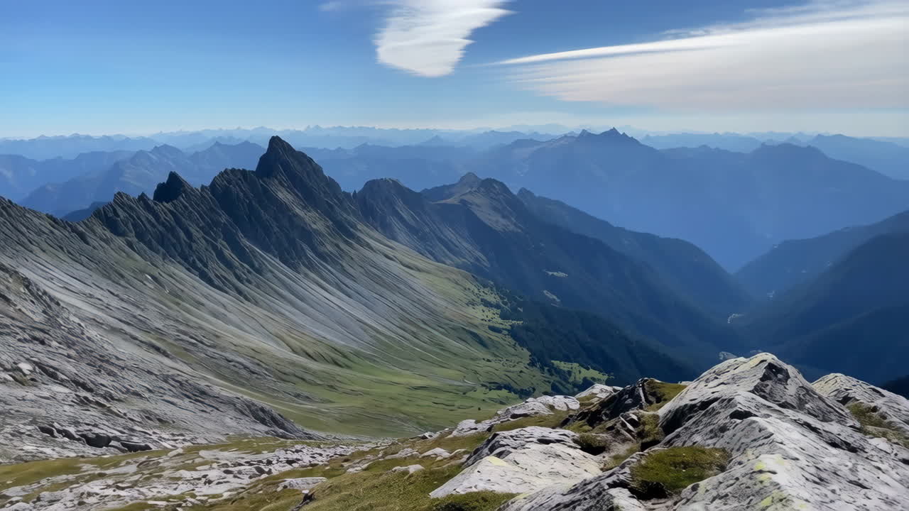 Majestic Mountain Landscape with Jagged Peaks and Grassy Slopes