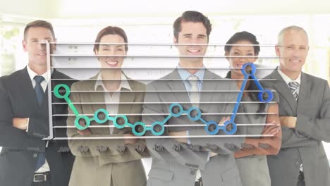 statistical data processing against diverse businesspeople with arms crossed smiling at office