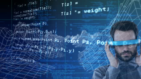 caucasian man wearing vr goggles against 3d mountain structures and data processing