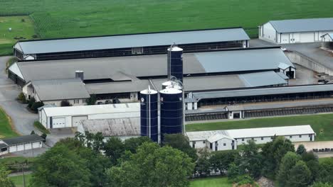 Large-dairy-farm-in-rural-USA-with-blue-silos-and-many-barns