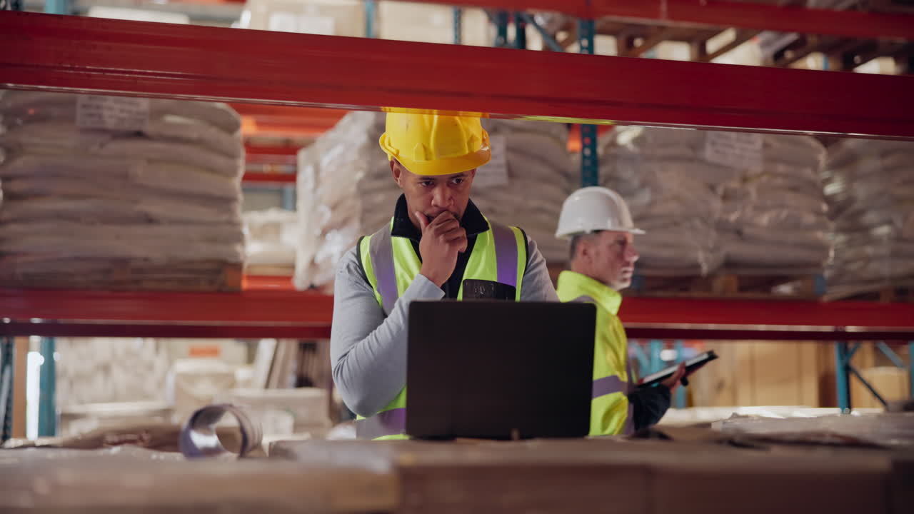 Warehouse worker using laptop for inventory management