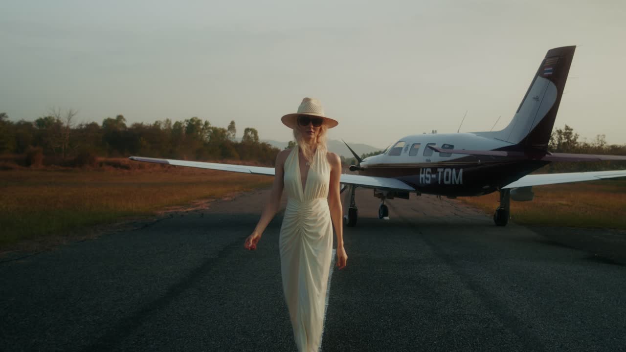 Woman in Elegant Dress at Private Jet