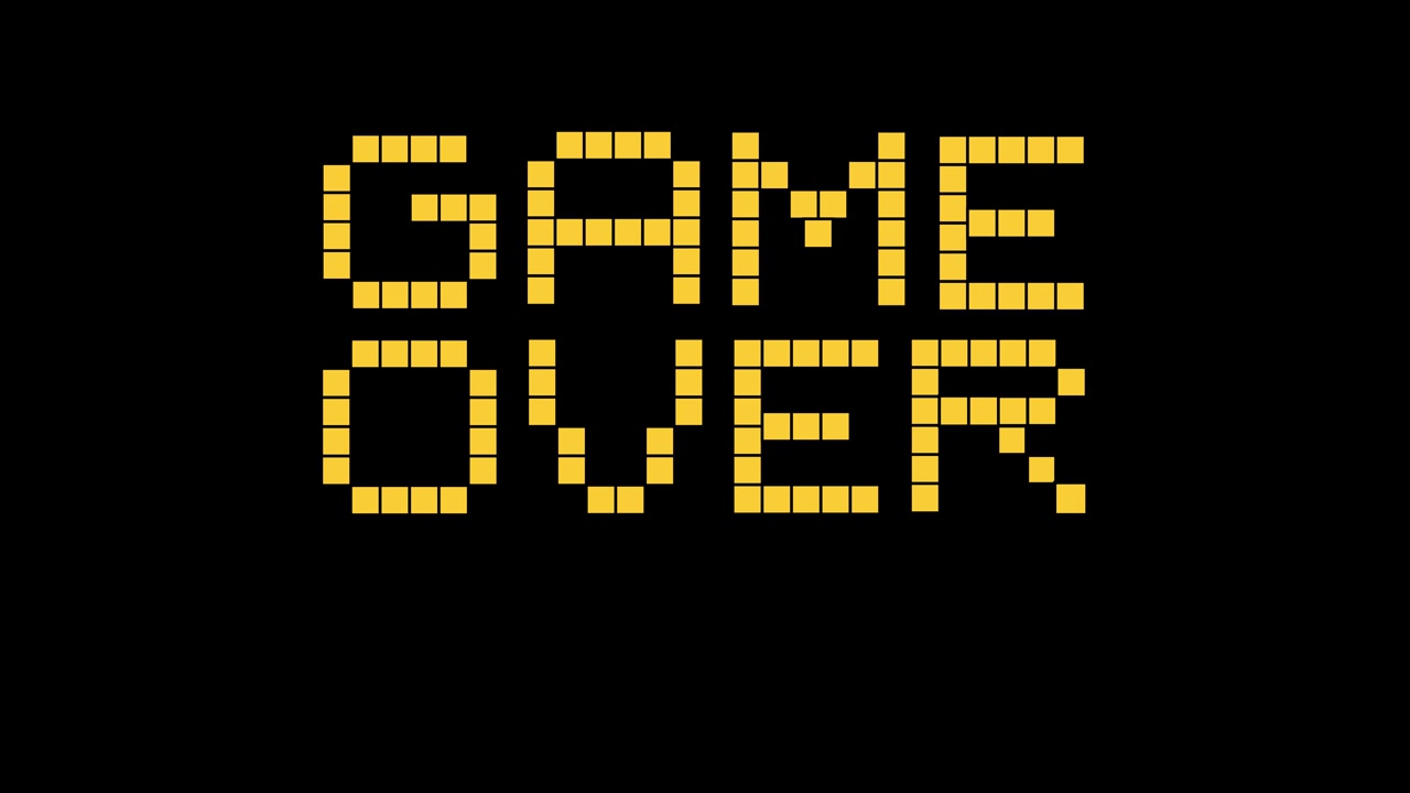 A pixelated spaceship shoots at yellow Game Over text until it explodes on black background
