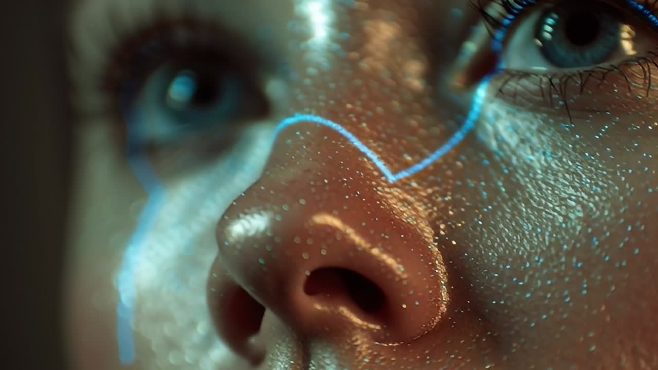 Close-up of a person's face with glowing lines on skin in a dark setting