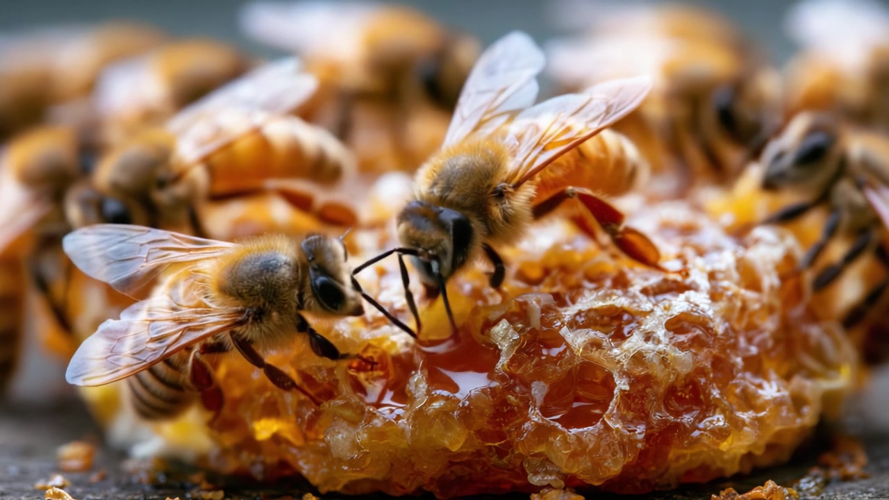 Api che raccolgono nettare e miele in una vista ravvicinata, mostrando il loro intricato comportamento e il processo naturale di produzione del miele in un ambiente di alveare ronzante