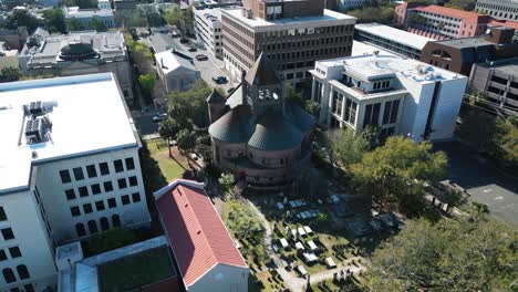 a circular drone shot of the circular church in downtown charleston