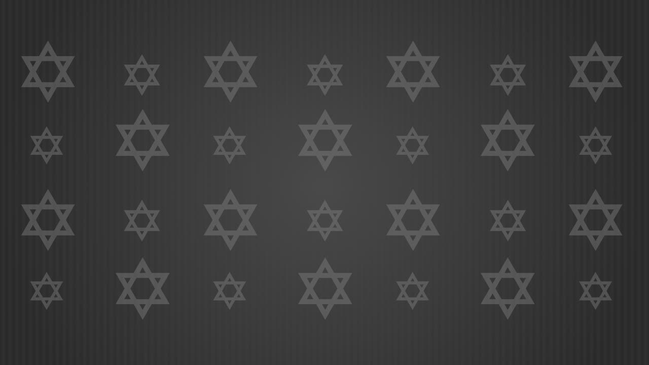 Gold jewish bible star of david symbol on animated grey background. Looped motion graphics with blurred particles.