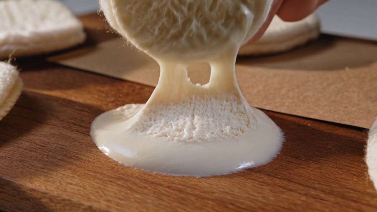 Lowering hands with fabric pad pressing into cream on board, lifting, picking up cream for assembly