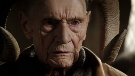 close-up portrait of an elderly man with ram horns